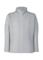 A product shot of the HOMME PLISSÉ ISSEY MIYAKE BASICS zipup cardigan in light gray.