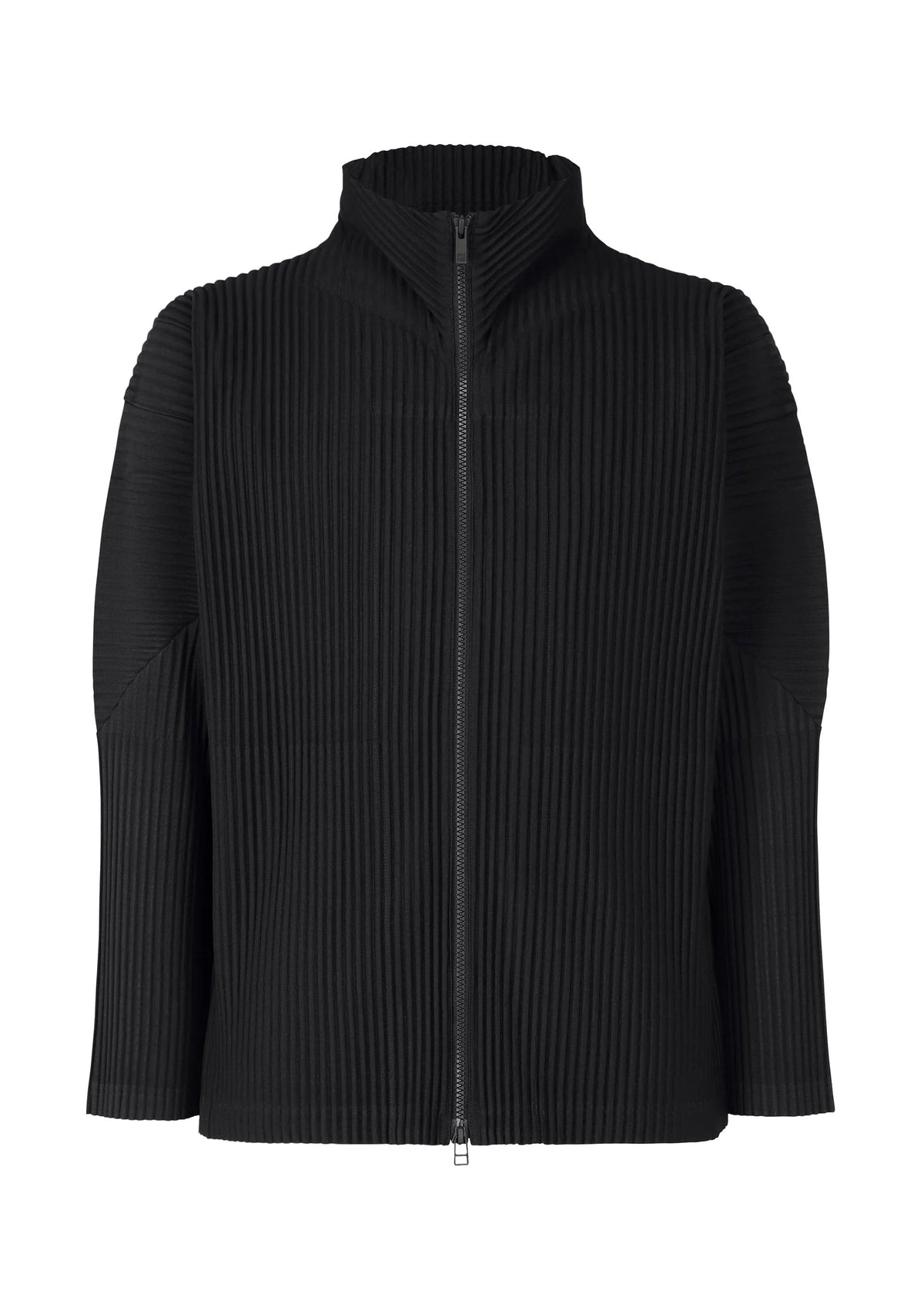 A product shot of the HOMME PLISSÉ ISSEY MIYAKE BASICS zipup cardigan in black.