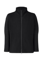 A product shot of the HOMME PLISSÉ ISSEY MIYAKE BASICS zipup cardigan in black.