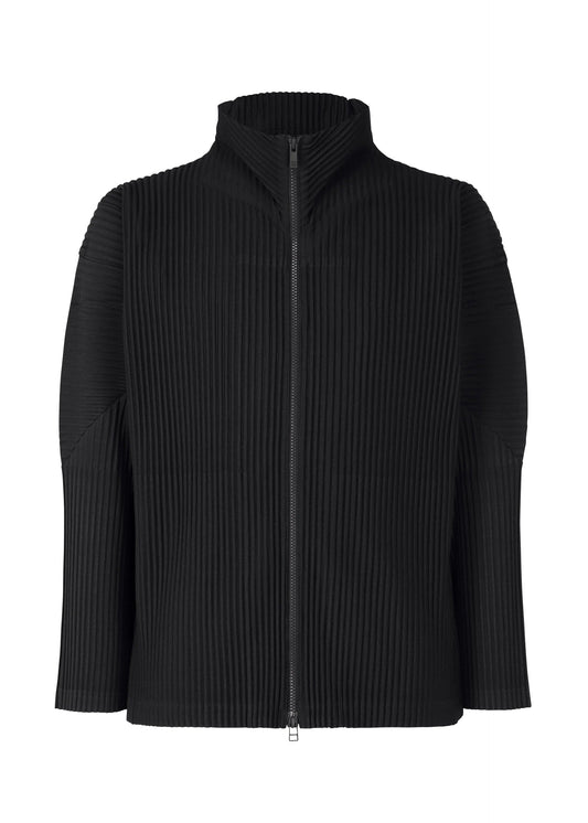 A product shot of the HOMME PLISSÉ ISSEY MIYAKE BASICS zipup cardigan in black.
