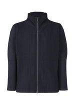 A product shot of the HOMME PLISSÉ ISSEY MIYAKE BASICS zipup cardigan in navy.