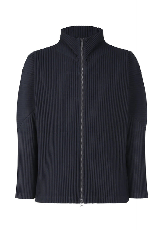 A product shot of the HOMME PLISSÉ ISSEY MIYAKE BASICS zipup cardigan in navy.