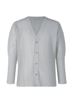 A product shot of the HOMME PLISSÉ ISSEY MIYAKE BASICS cardigan in light gray.
