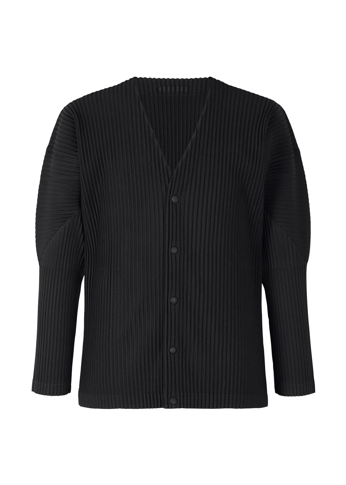 A product shot of the HOMME PLISSÉ ISSEY MIYAKE BASICS cardigan in black.
