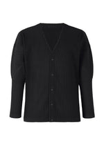 A product shot of the HOMME PLISSÉ ISSEY MIYAKE BASICS cardigan in black.