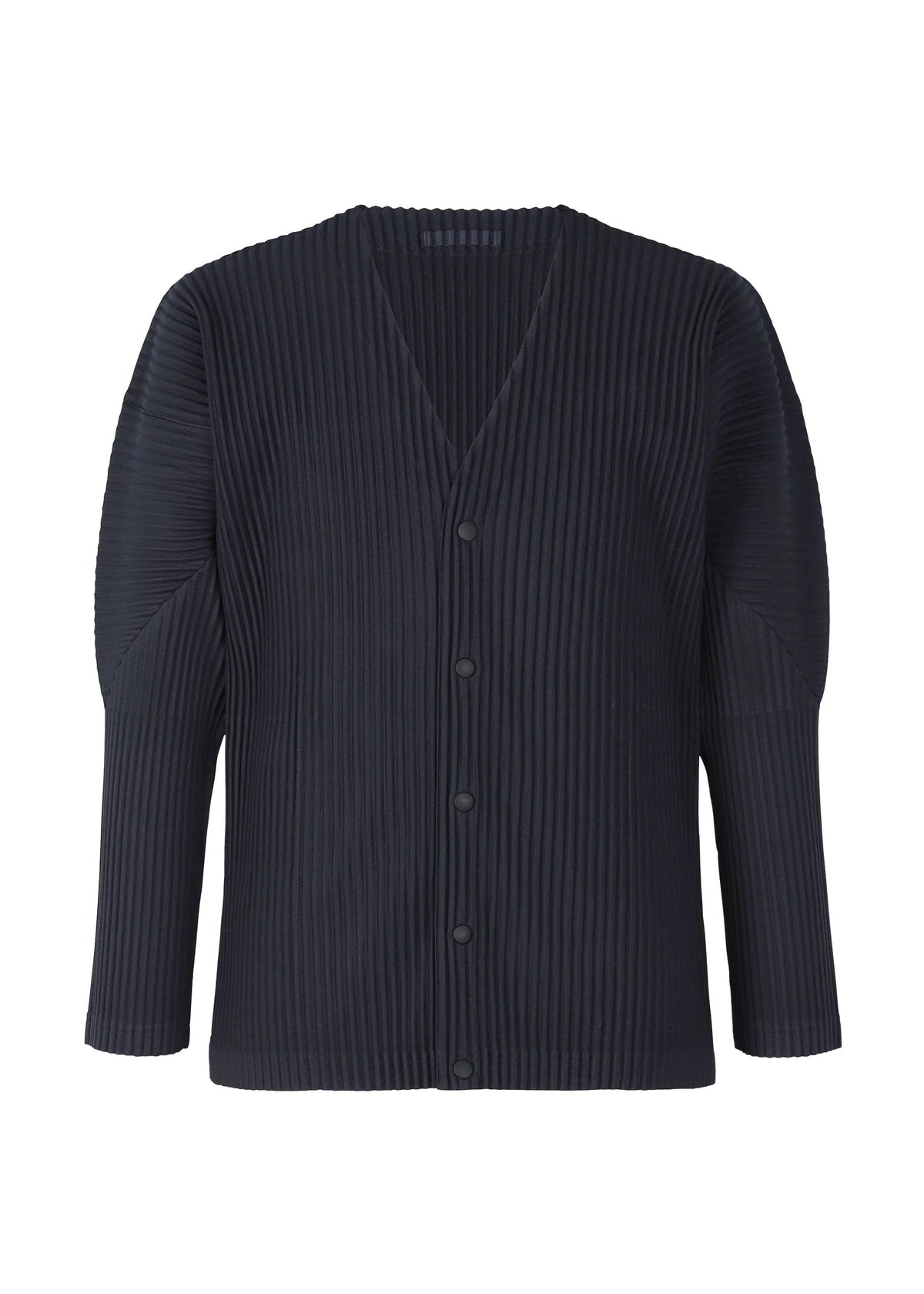 A product shot of the HOMME PLISSÉ ISSEY MIYAKE BASICS cardigan in navy.