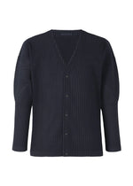 A product shot of the HOMME PLISSÉ ISSEY MIYAKE BASICS cardigan in navy.