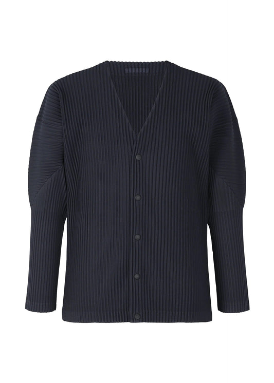 A product shot of the HOMME PLISSÉ ISSEY MIYAKE BASICS cardigan in navy.