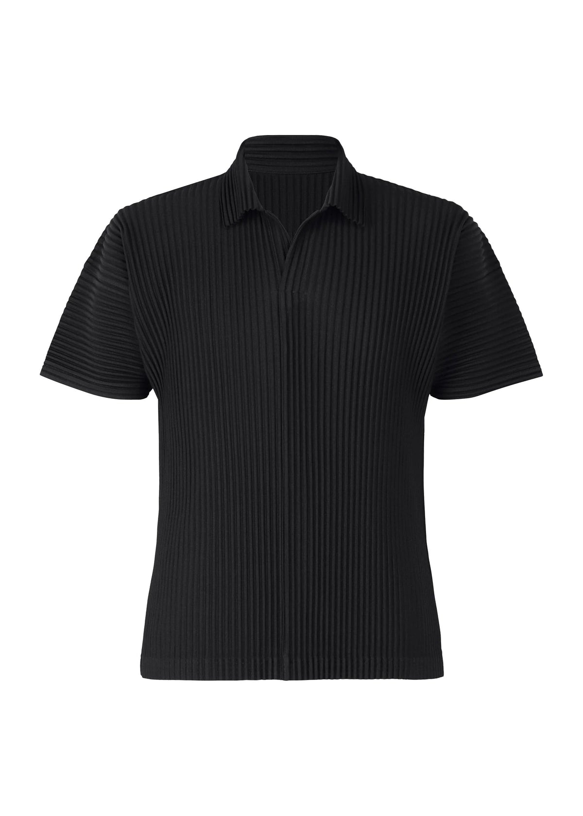 A product shot of the HOMME PLISSÉ ISSEY MIYAKE BASICS polo shirt in black.