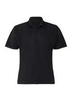 A product shot of the HOMME PLISSÉ ISSEY MIYAKE BASICS polo shirt in black.