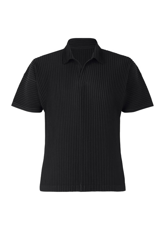 A product shot of the HOMME PLISSÉ ISSEY MIYAKE BASICS polo shirt in black.