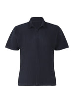 A product shot of the HOMME PLISSÉ ISSEY MIYAKE BASICS polo shirt in navy.