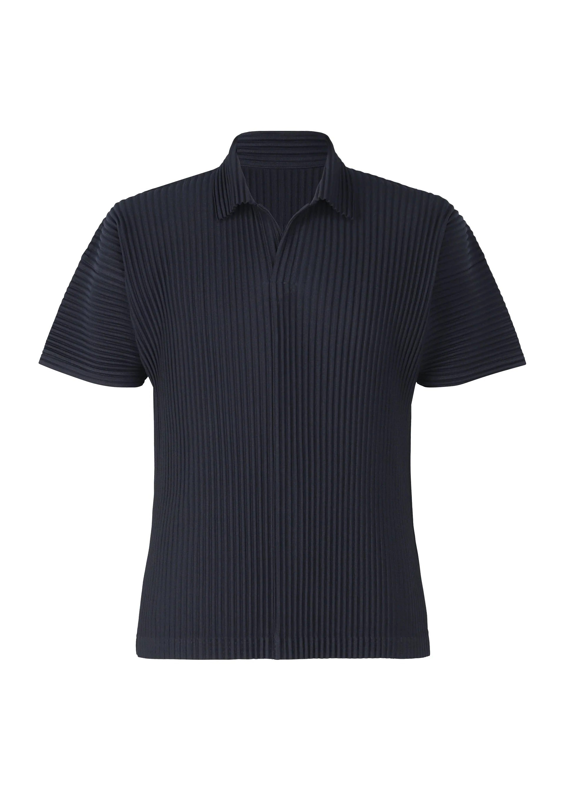 A product shot of the HOMME PLISSÉ ISSEY MIYAKE BASICS polo shirt in navy.