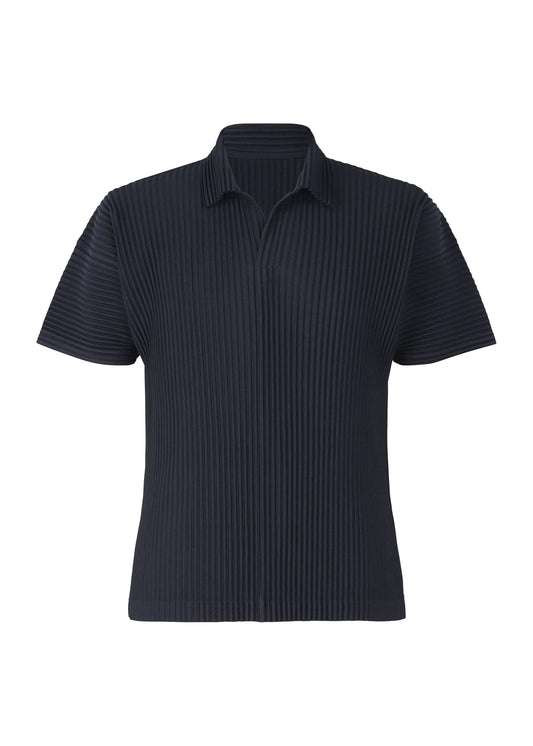 A product shot of the HOMME PLISSÉ ISSEY MIYAKE BASICS polo shirt in navy.