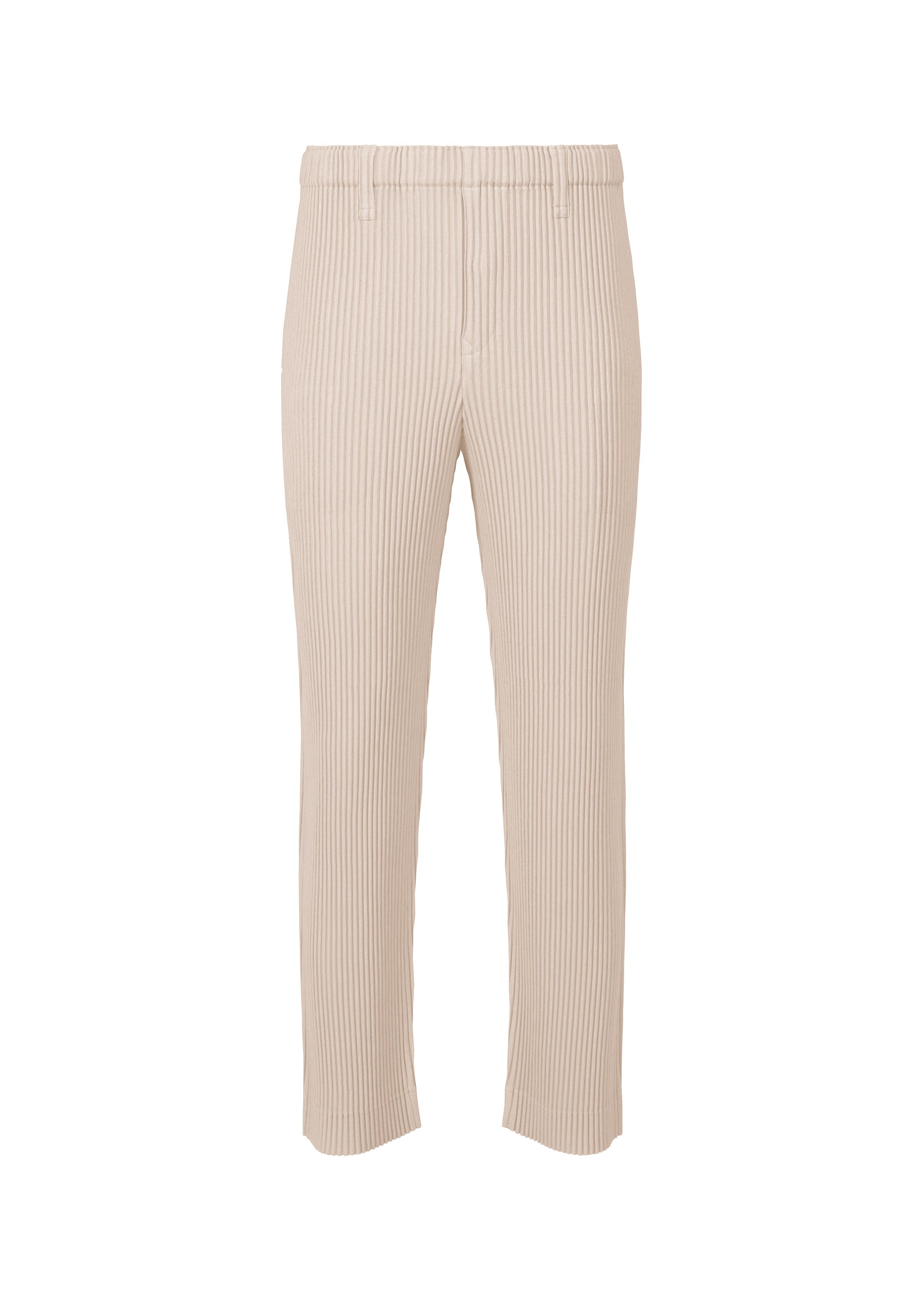 A product shot of the Homme Plisse Issey Miyake LINEN LIKE trousers in beige (40), recurring_style.