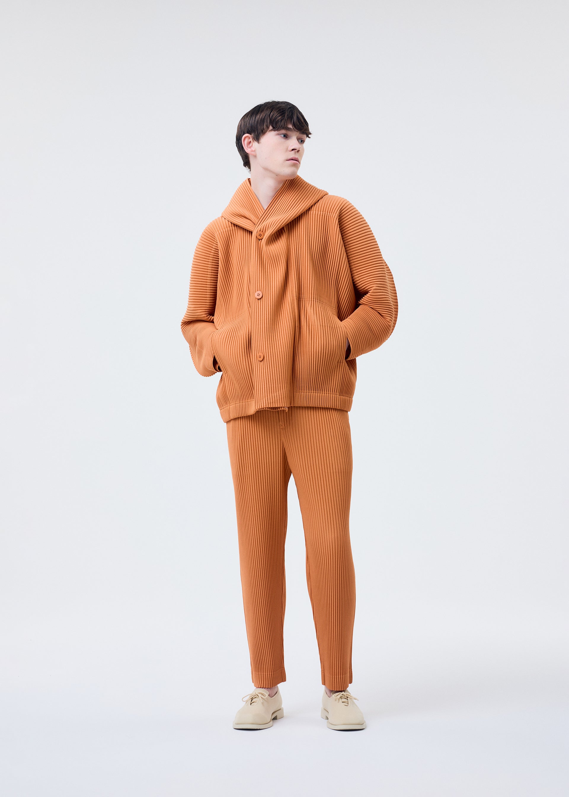 A model wears the Homme Plisse Issey Miyake MONTHLY COLORS MARCH prêt à porter.