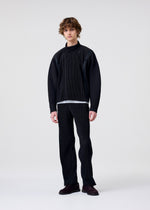 A model wears the HOMME PLISSÉ ISSEY MIYAKE MULTI-FASTENED multi-fastened-blouson-lucca-storico-blue.