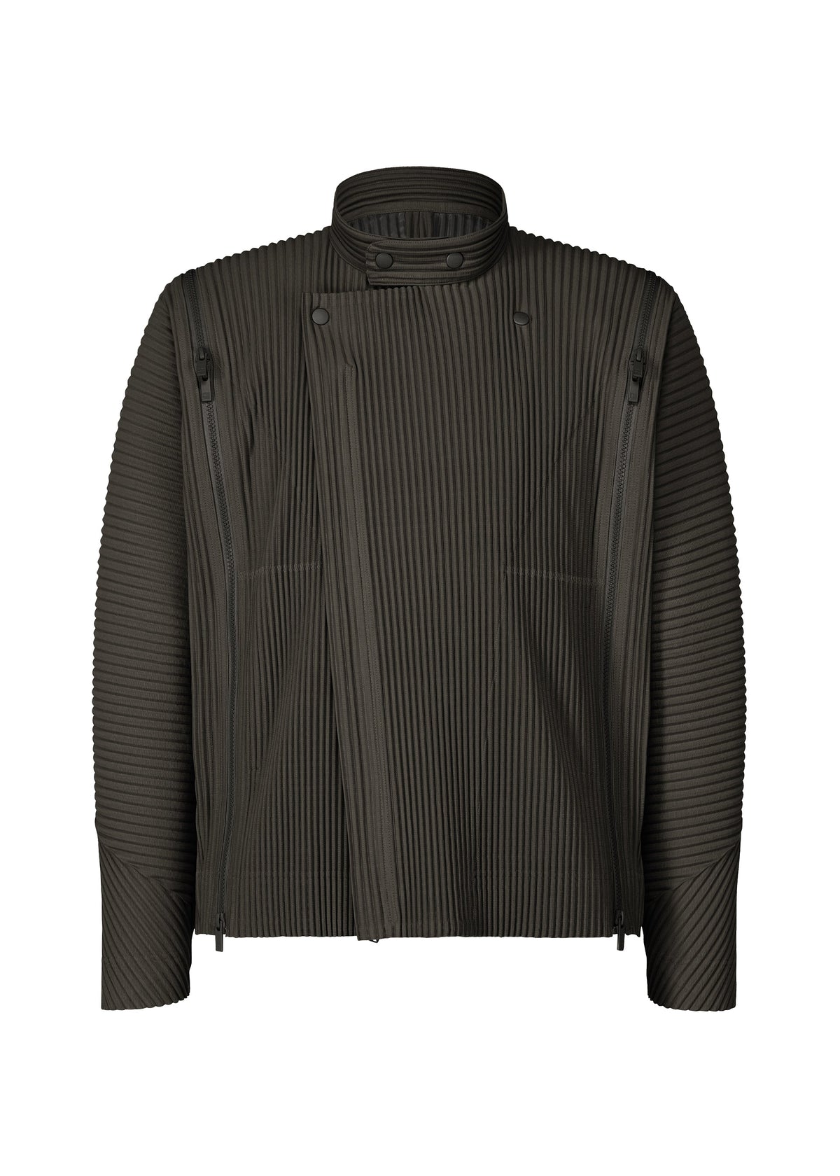 A product shot of the HOMME PLISSÉ ISSEY MIYAKE MULTI-FASTENED blouson in pizza scorch brown.