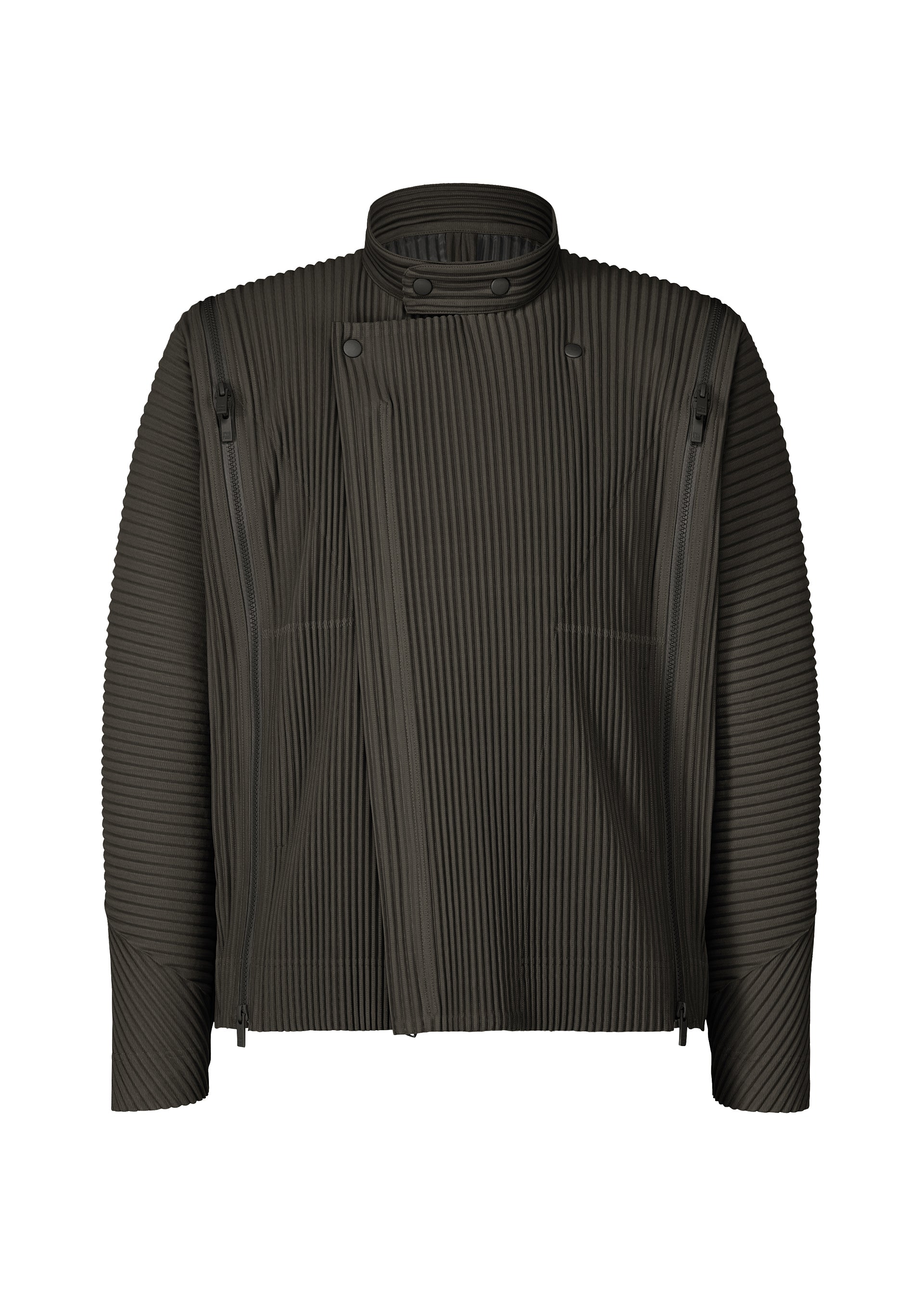 A product shot of the HOMME PLISSÉ ISSEY MIYAKE MULTI-FASTENED blouson in pizza scorch brown.