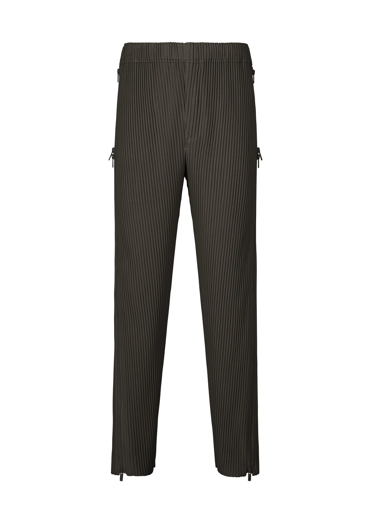 A product shot of the HOMME PLISSÉ ISSEY MIYAKE MULTI-FASTENED trousers in pizza scorch brown.