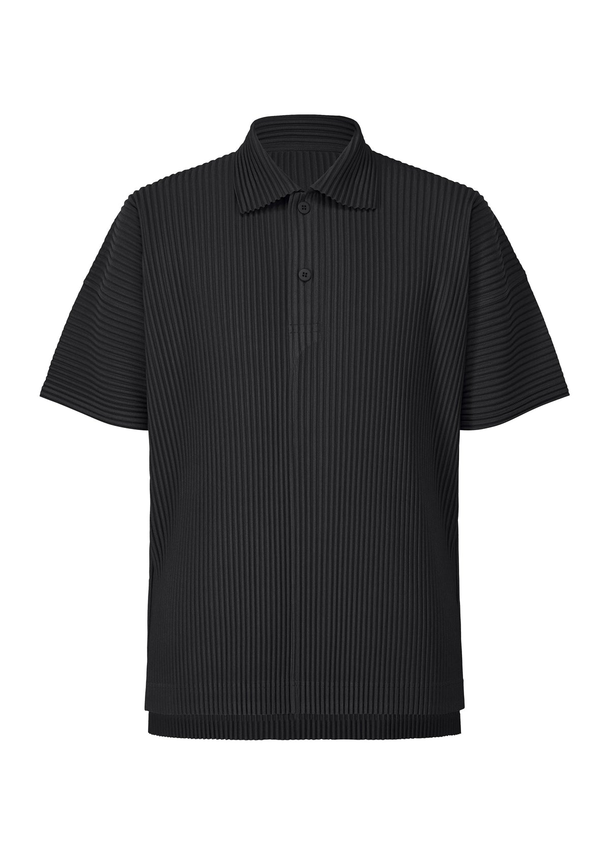 A product shot of the HOMME PLISSÉ ISSEY MIYAKE MONTHLY COLORS : JUNE polo shirt in black.