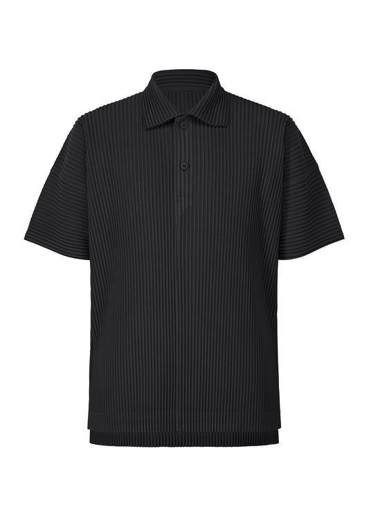 A product shot of the HOMME PLISSÉ ISSEY MIYAKE MONTHLY COLORS : JUNE polo shirt in black.