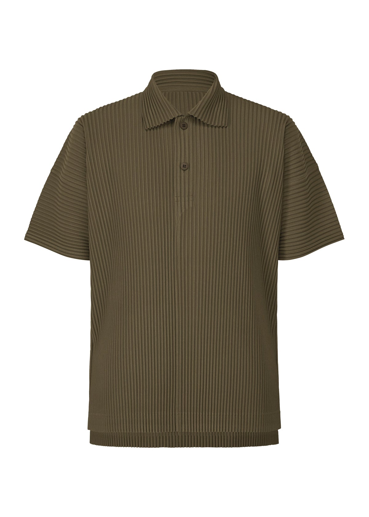 A product shot of the HOMME PLISSÉ ISSEY MIYAKE MONTHLY COLORS : JUNE polo shirt in genova metal ocher.