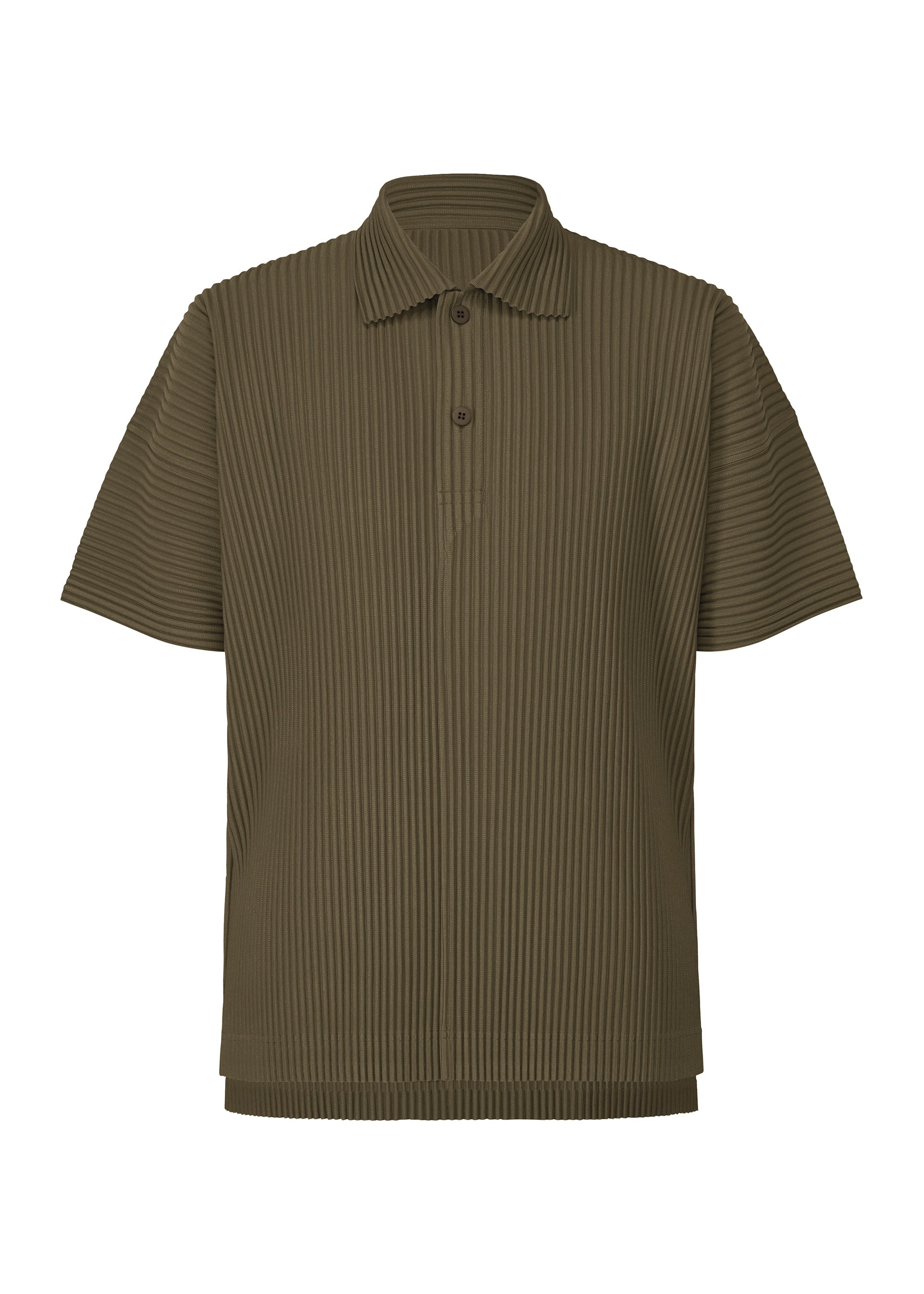 A product shot of the HOMME PLISSÉ ISSEY MIYAKE MONTHLY COLORS : JUNE polo shirt in genova metal ocher.