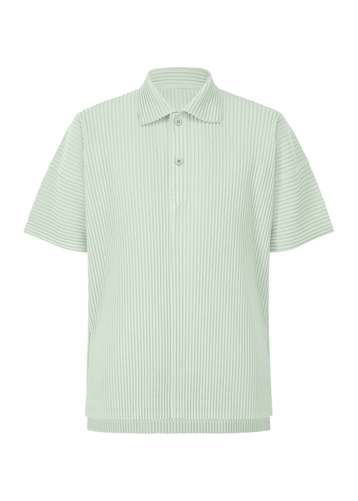 A product shot of the HOMME PLISSÉ ISSEY MIYAKE MONTHLY COLORS : JUNE polo shirt in boboli moss ash.