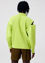 A model wears the HOMME PLISSÉ ISSEY MIYAKE MULTI-FASTENED multi-fastened-polo-shirt-lucca-storico-blue.