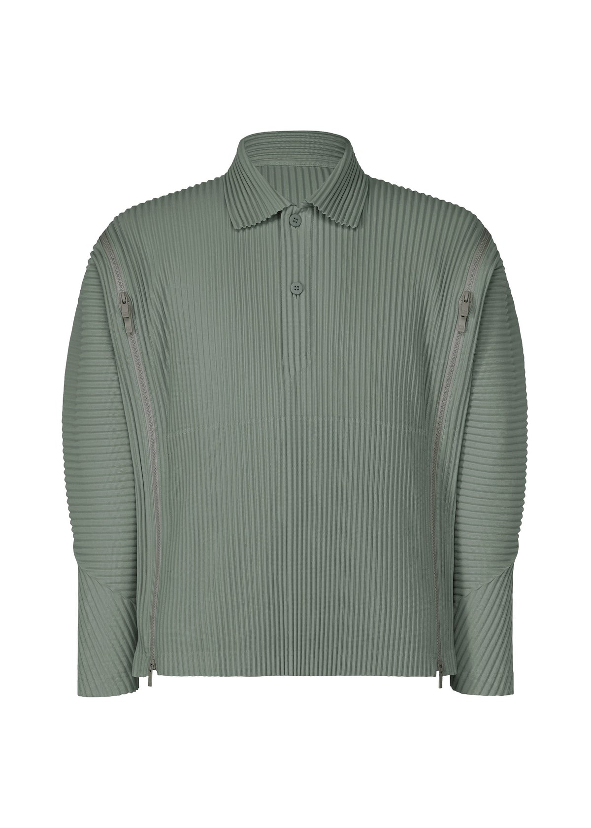 A product shot of the HOMME PLISSÉ ISSEY MIYAKE MULTI-FASTENED polo shirt in lucca storico blue.