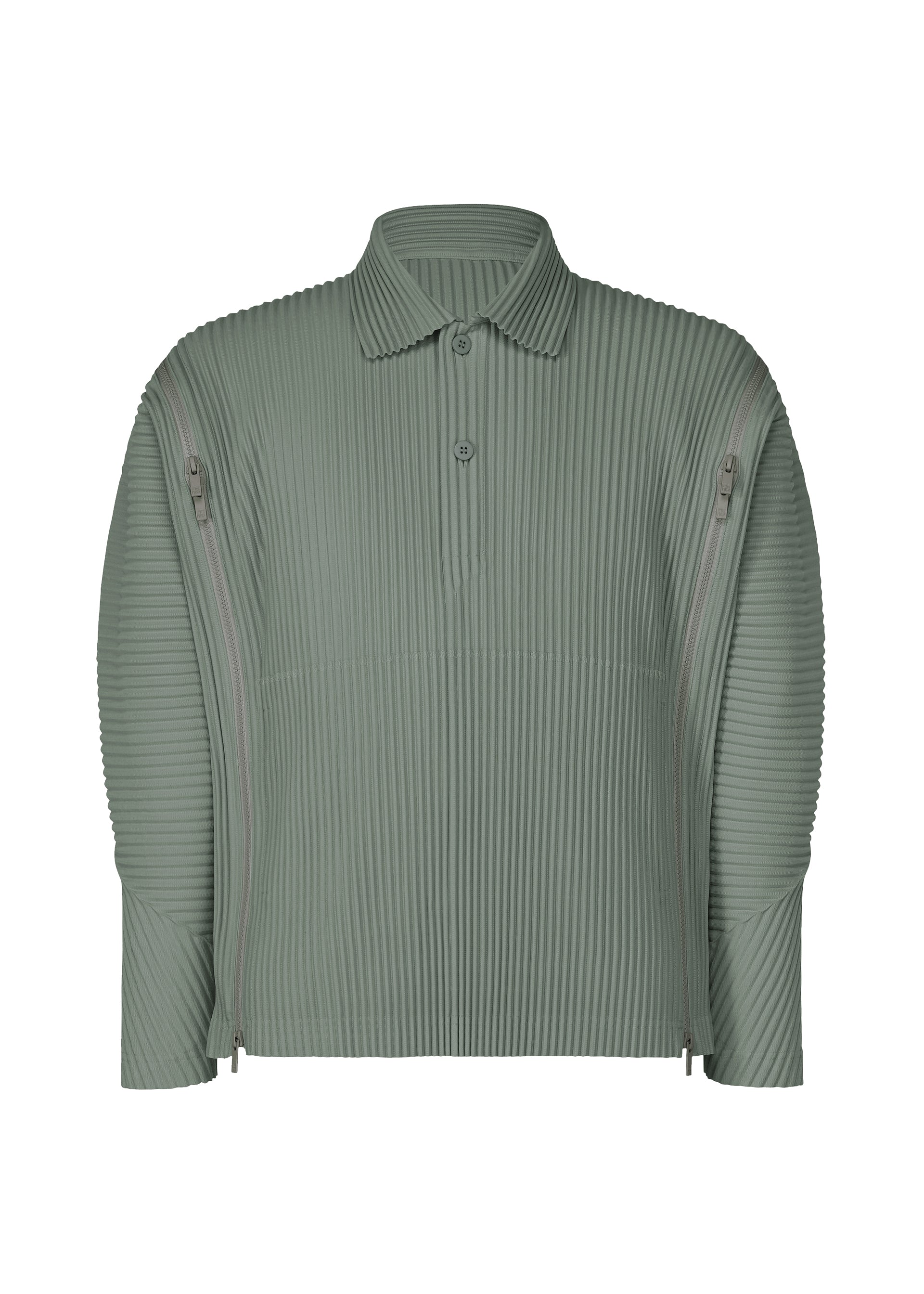 A product shot of the HOMME PLISSÉ ISSEY MIYAKE MULTI-FASTENED polo shirt in lucca storico blue.
