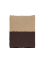 A product shot of the HOMME PLISSÉ ISSEY MIYAKE WINTER GEAR : COLOR BLOCK scarf in beige.