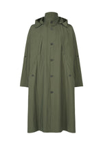 A product shot of the HOMME PLISSÉ ISSEY MIYAKE SLIT COAT coat in green.