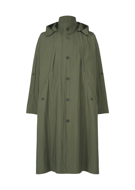 A product shot of the HOMME PLISSÉ ISSEY MIYAKE SLIT COAT coat in green.