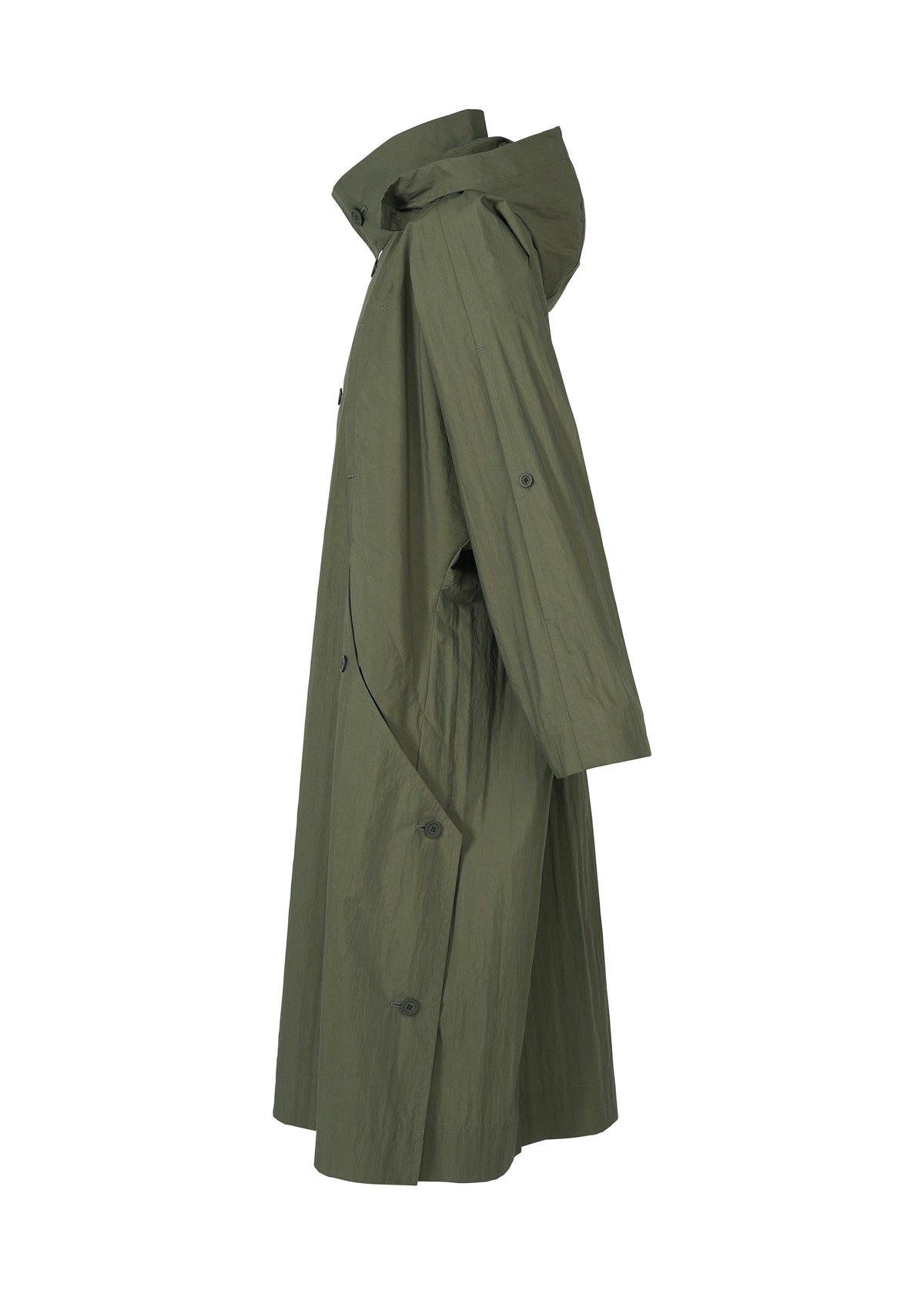 A detail shot of the HOMME PLISSÉ ISSEY MIYAKE SLIT COAT coat.