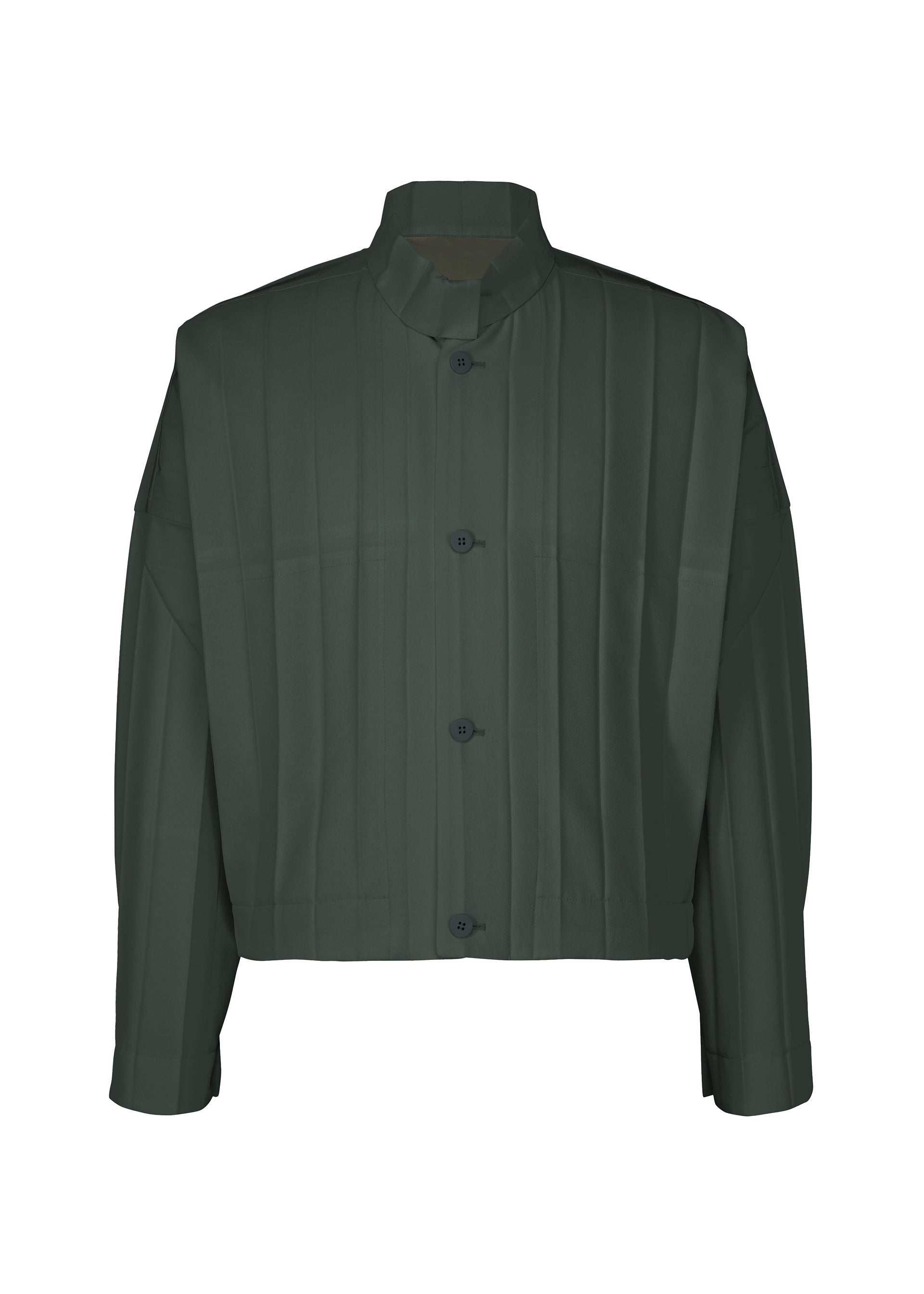 A product shot of the HOMME PLISSÉ ISSEY MIYAKE EDGE ENSEMBLE blouson in dark green.