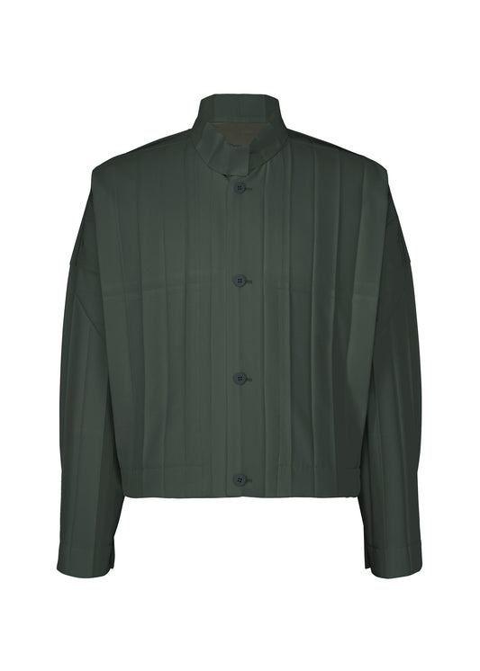 A product shot of the HOMME PLISSÉ ISSEY MIYAKE EDGE ENSEMBLE blouson in dark green.