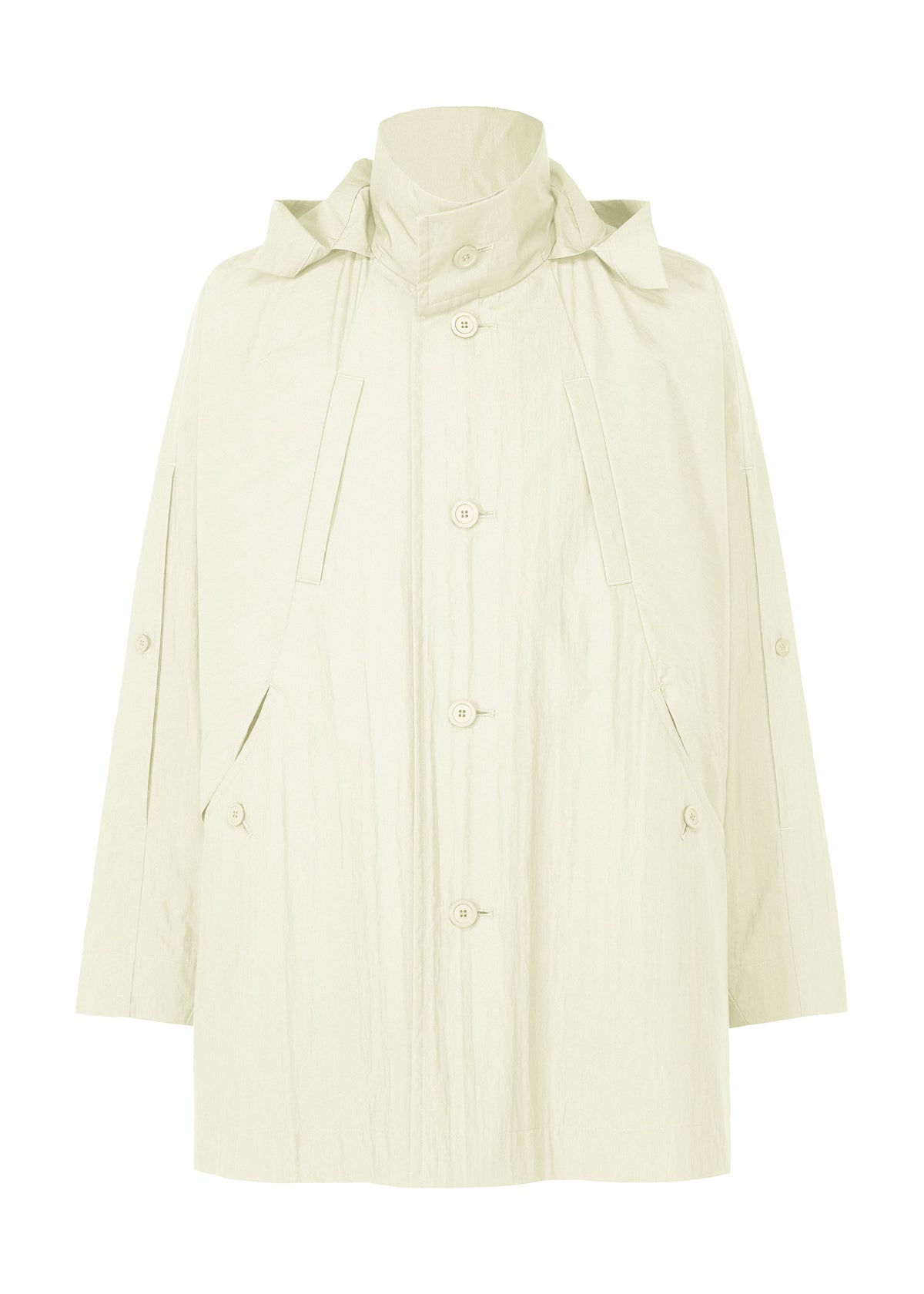 A product shot of the HOMME PLISSÉ ISSEY MIYAKE SLIT COAT blouson in white.