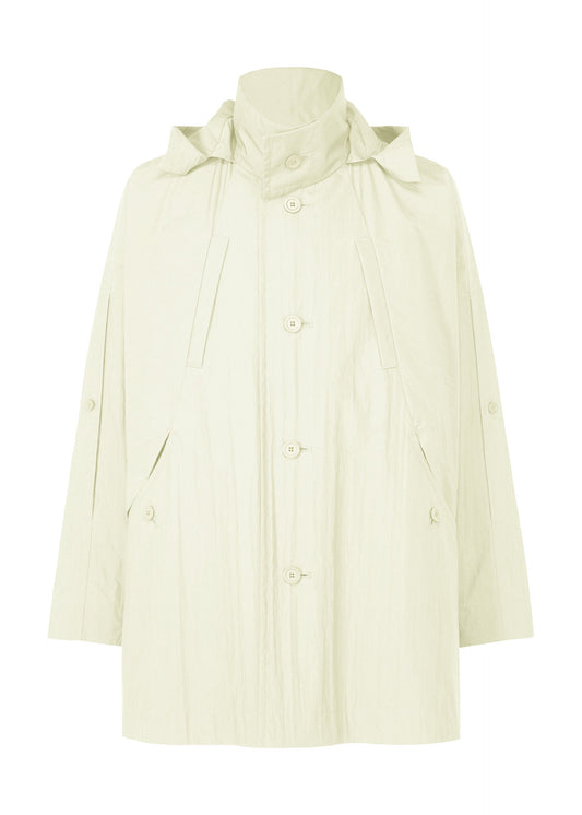 A product shot of the HOMME PLISSÉ ISSEY MIYAKE SLIT COAT blouson in white.