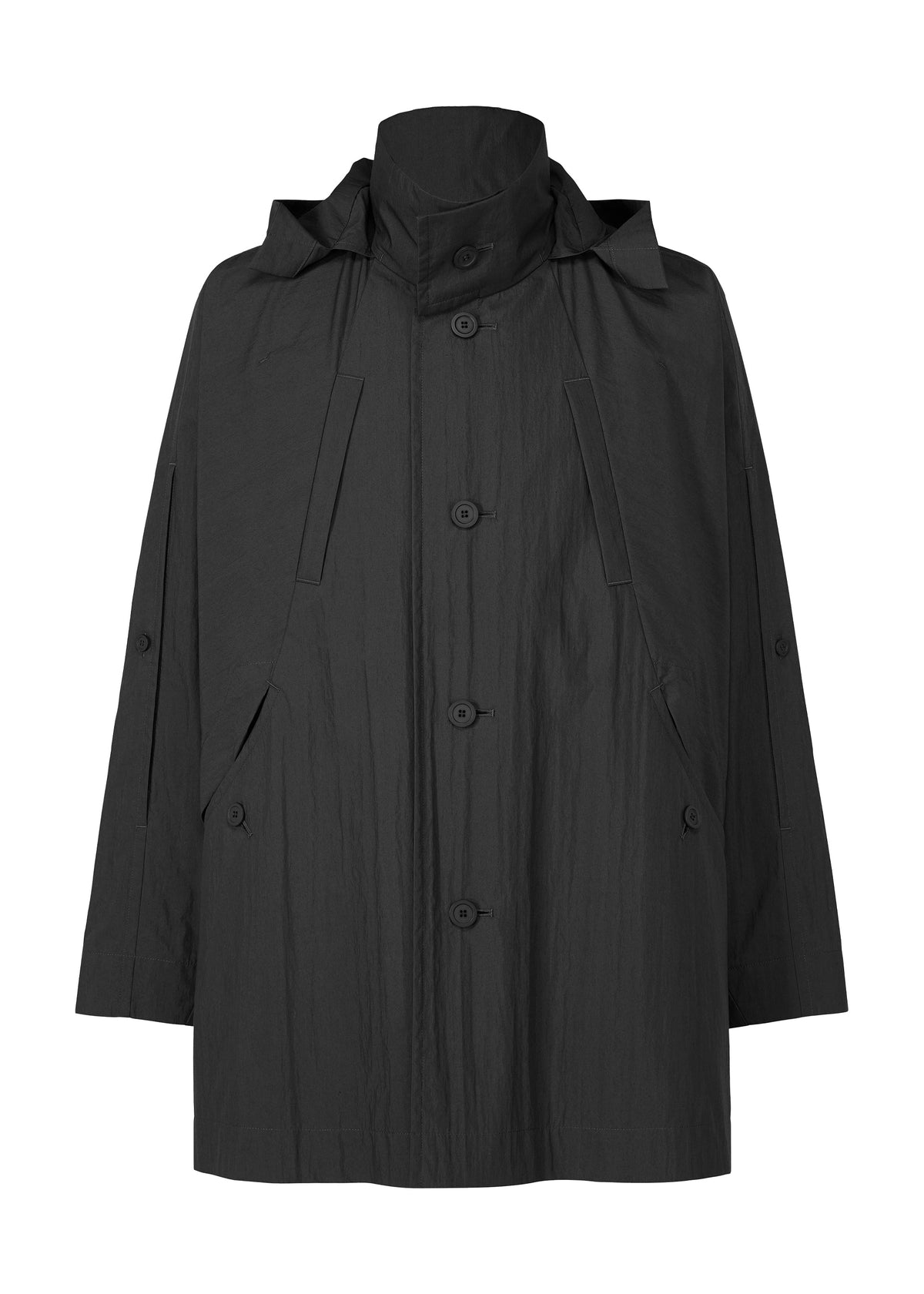 A product shot of the HOMME PLISSÉ ISSEY MIYAKE SLIT COAT blouson in black.