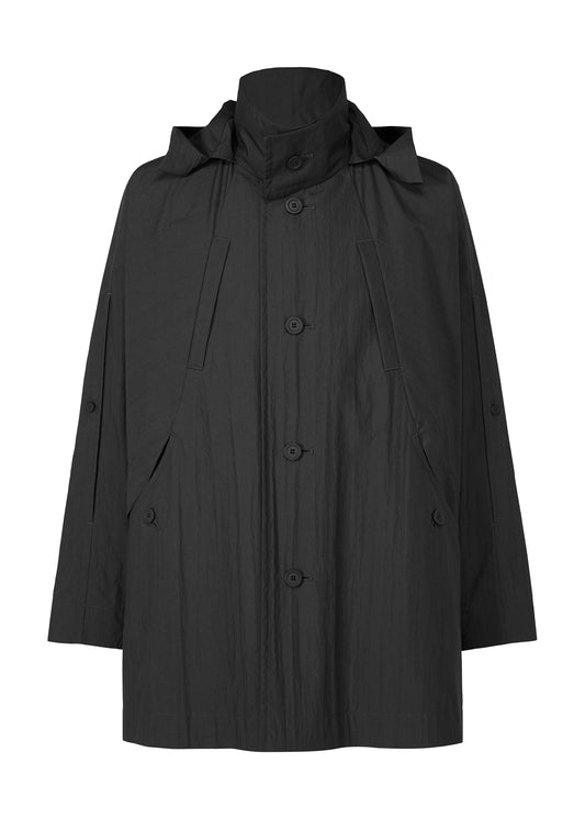 A product shot of the HOMME PLISSÉ ISSEY MIYAKE SLIT COAT blouson in black.