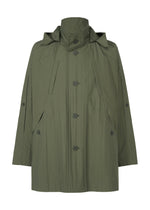 A product shot of the HOMME PLISSÉ ISSEY MIYAKE SLIT COAT blouson in green.