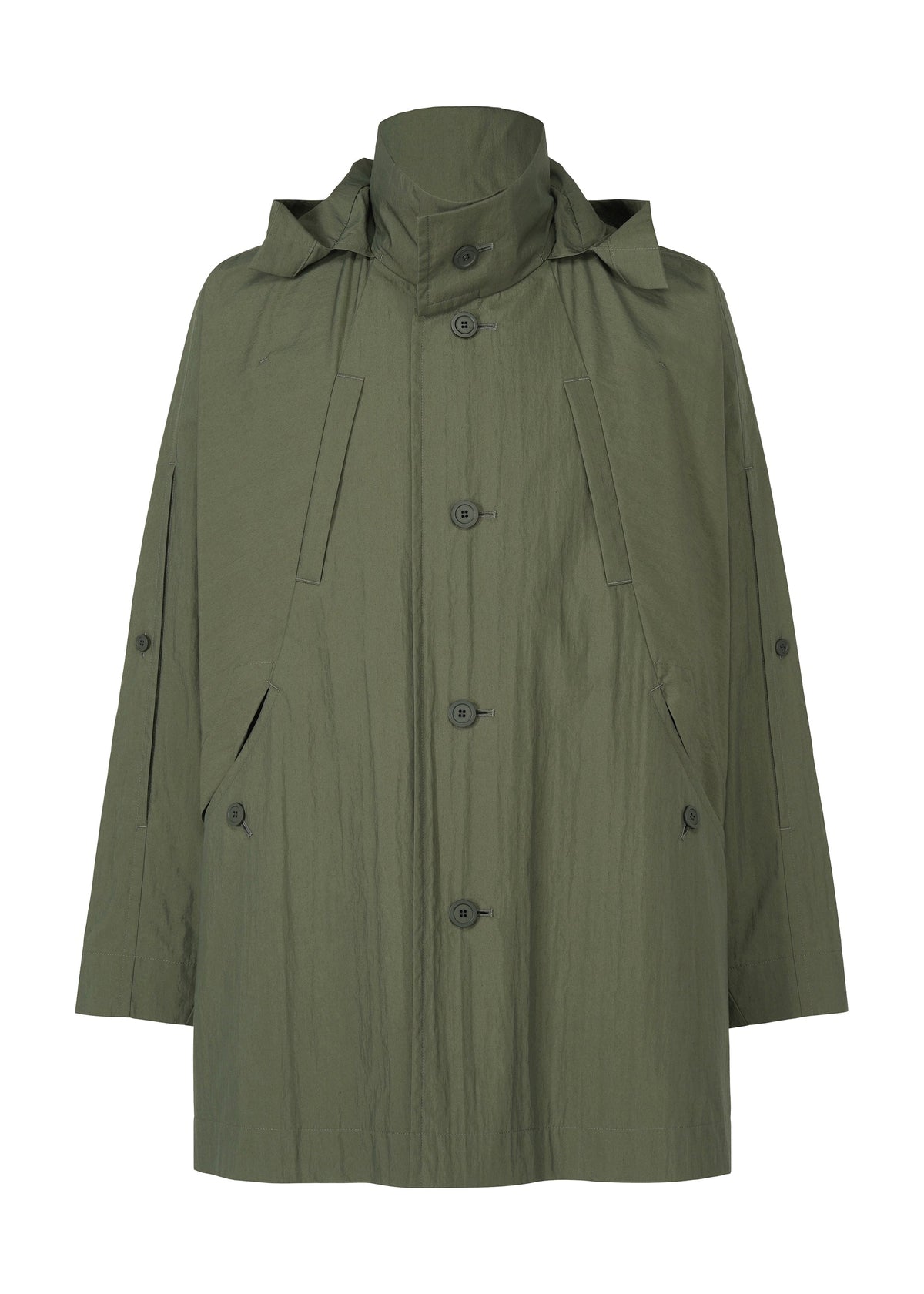 A product shot of the HOMME PLISSÉ ISSEY MIYAKE SLIT COAT blouson in green.