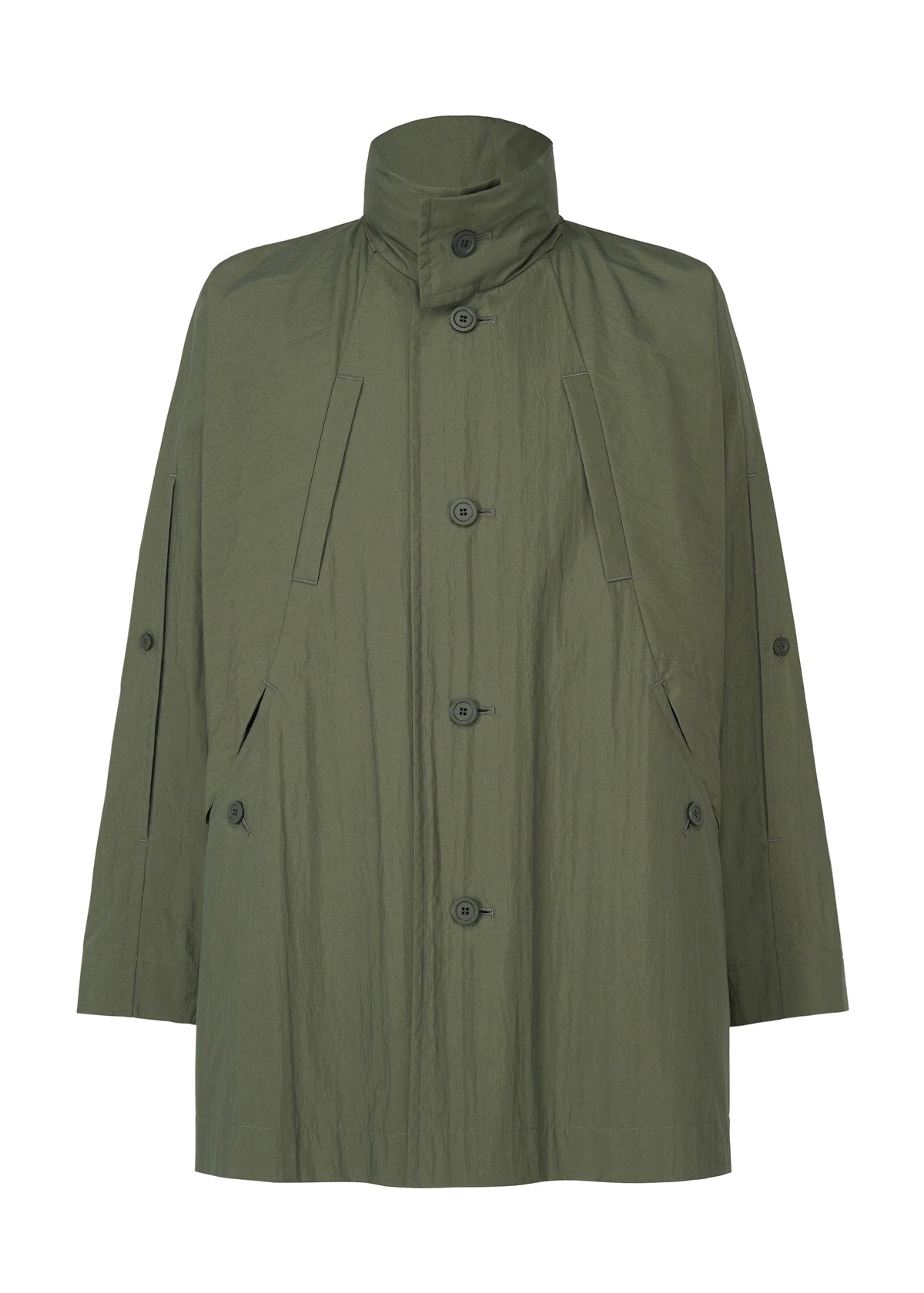 A detail shot of the HOMME PLISSÉ ISSEY MIYAKE SLIT COAT blouson.