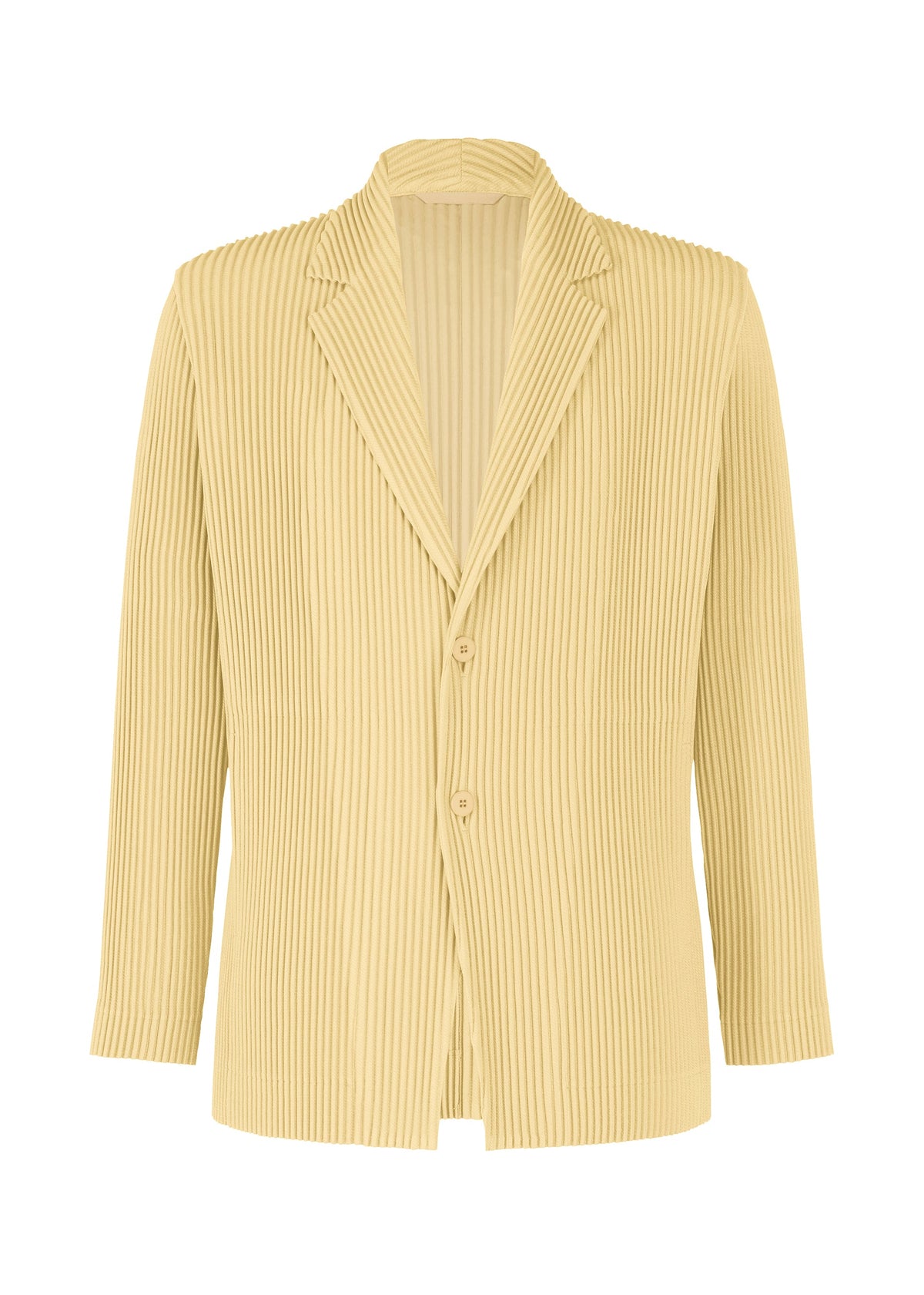 A product shot of the HOMME PLISSÉ ISSEY MIYAKE KERSEY PLEATS jacket in cream yellow.