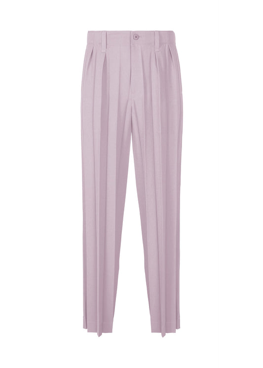 A product shot of the HOMME PLISSÉ ISSEY MIYAKE EDGE ENSEMBLE trousers in lavender.