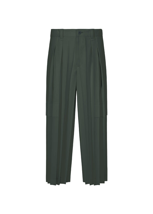A product shot of the HOMME PLISSÉ ISSEY MIYAKE EDGE ENSEMBLE trousers in dark green.