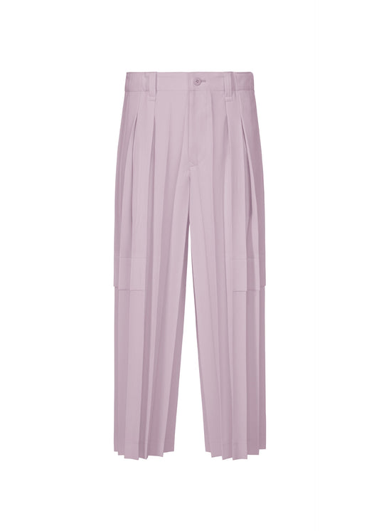 A product shot of the HOMME PLISSÉ ISSEY MIYAKE EDGE ENSEMBLE trousers in lavender.