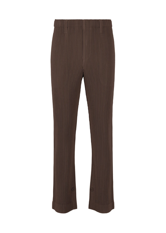 A product shot of the HOMME PLISSÉ ISSEY MIYAKE KERSEY PLEATS trousers in brown.